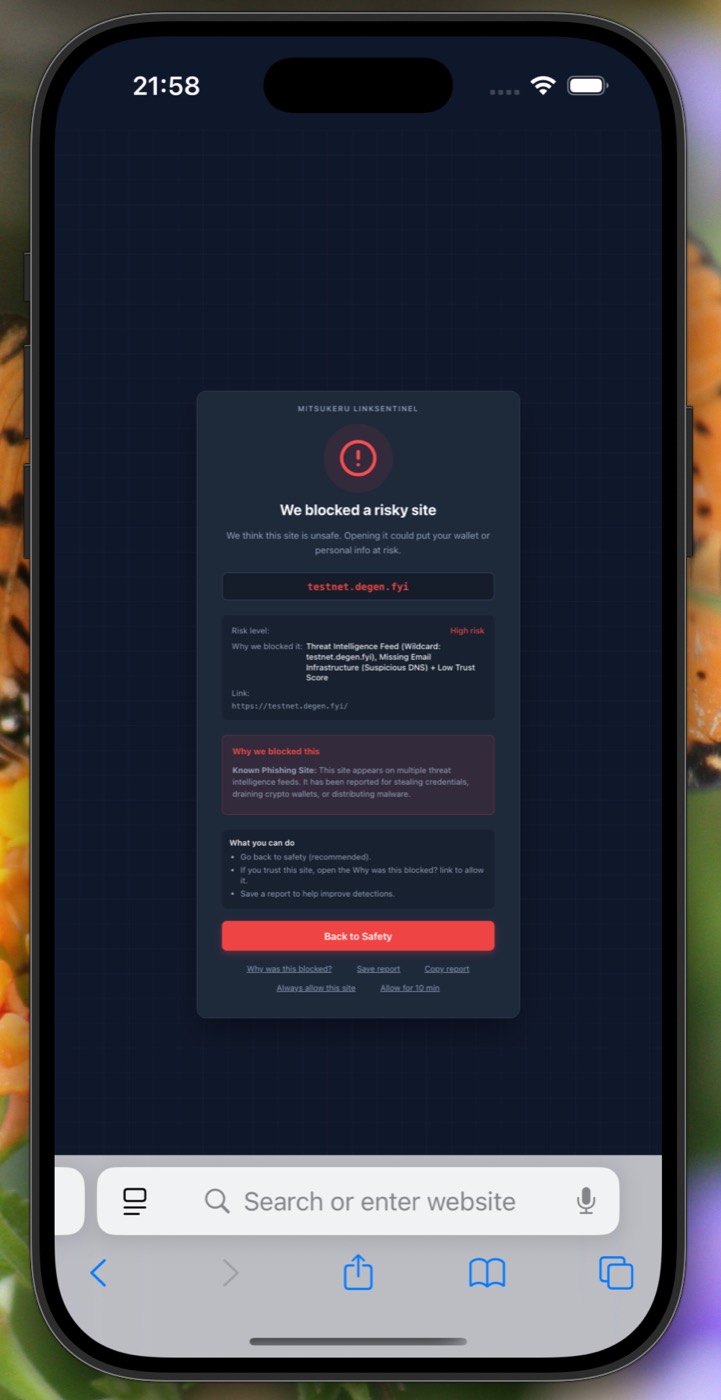 LinkSentinel Safari iOS warning screen screenshot