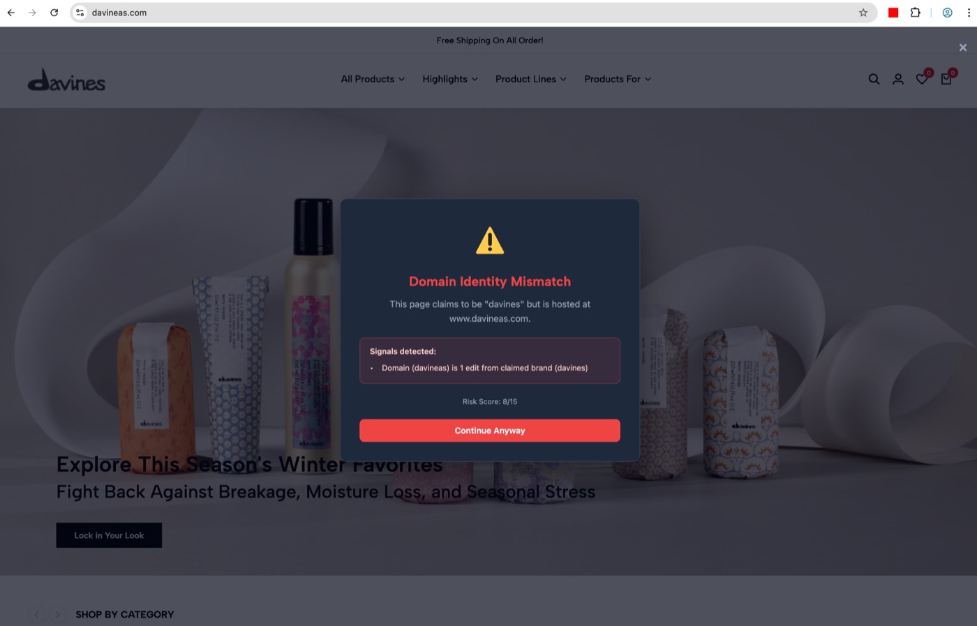 LinkSentinel browser warning screenshot
